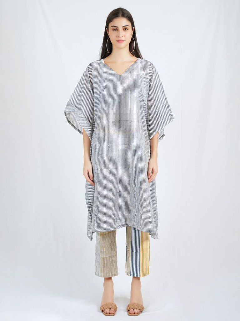 Blue Hand Block Printed Striped Cotton Kaftan with slip