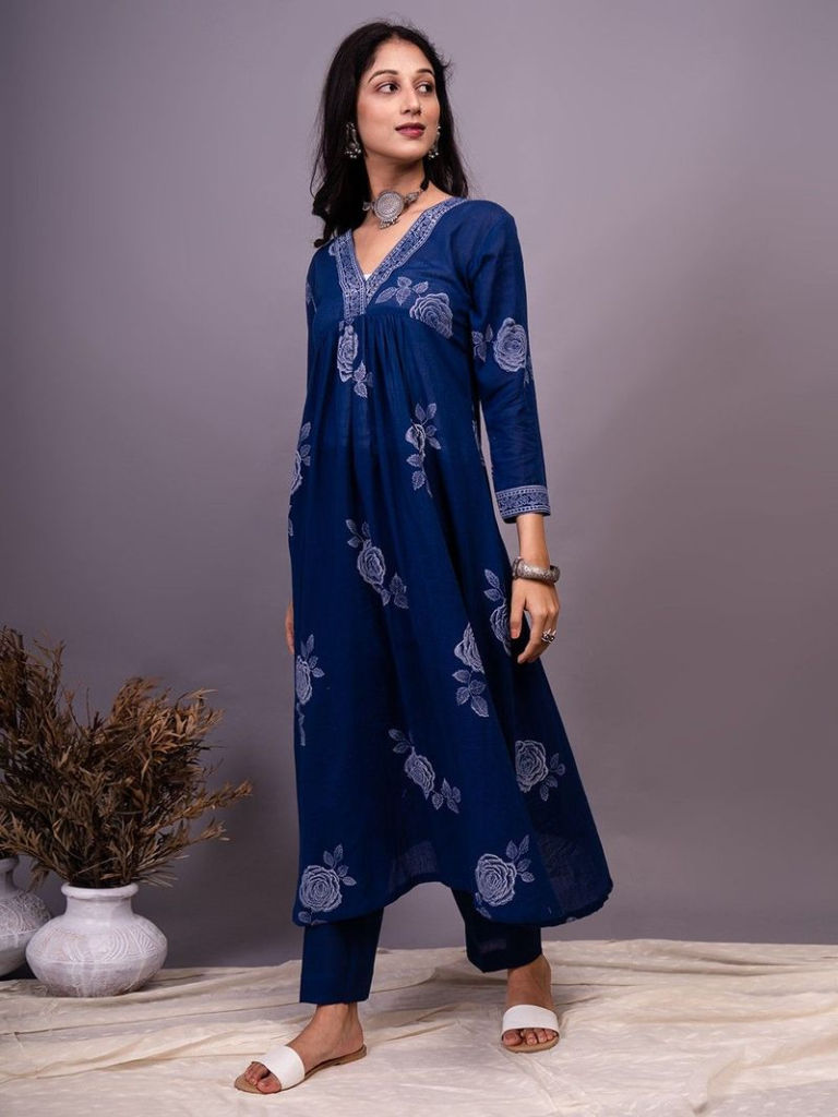 Navy Blue Hand Block Printed Cotton Kurta