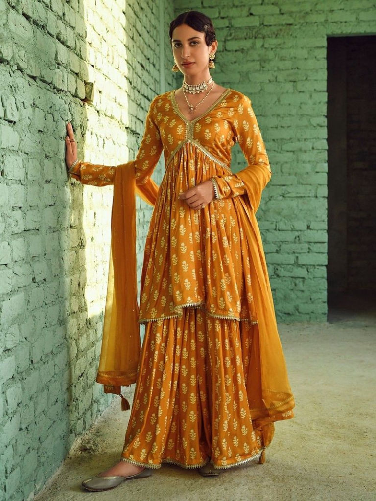 Mustard Yellow Printed Muslin Sharara Suit with Chiffon Dupatta