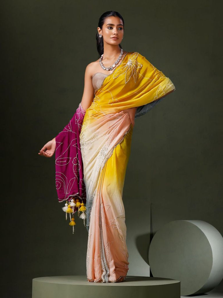 Multicolor Ombre Dyed Chiffon Embroidered Saree