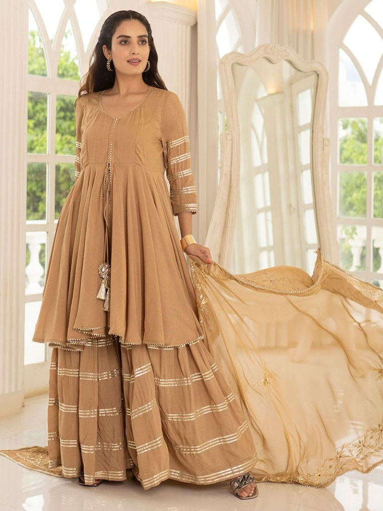 Beige Gota Work Muslin Sharara Set