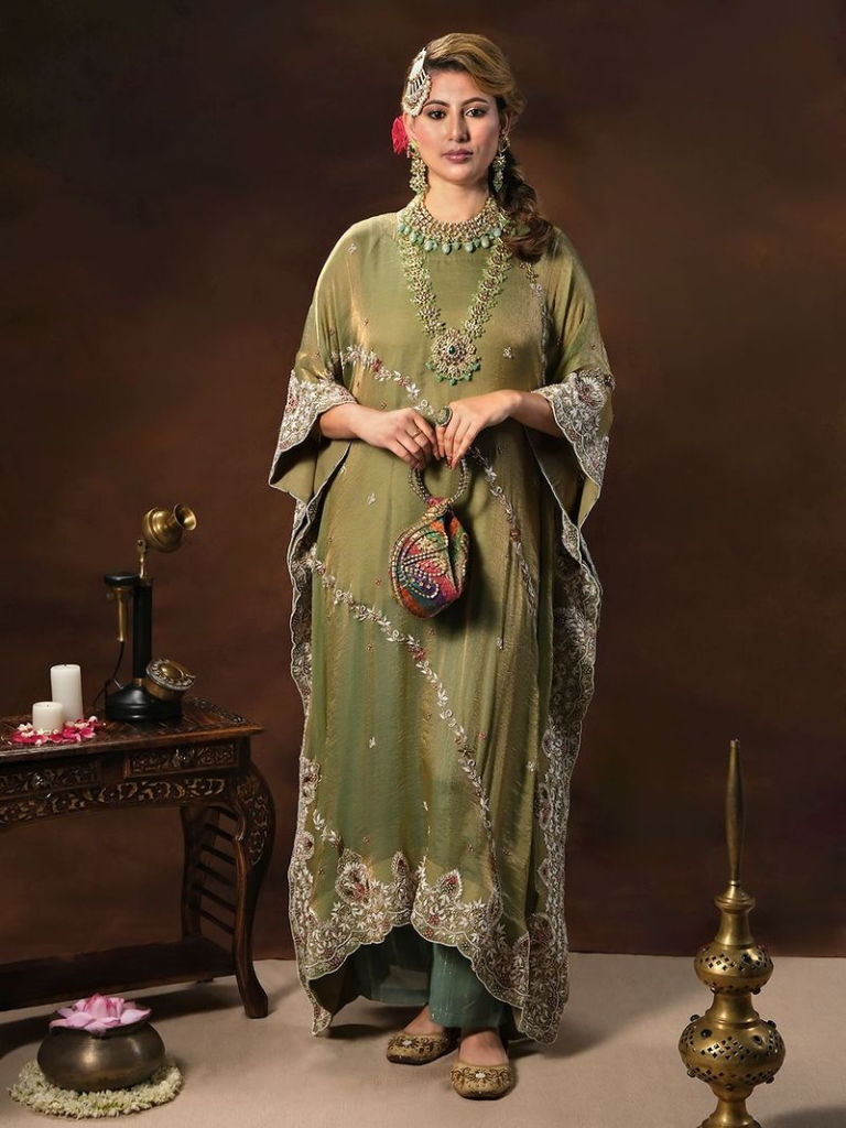 Olive Green Zardozi Hand Embroidered Crepe Tissue Kaftan with Inner and Pants