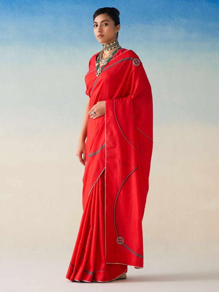 Red Embroidered Silk Saree with Underskirt
