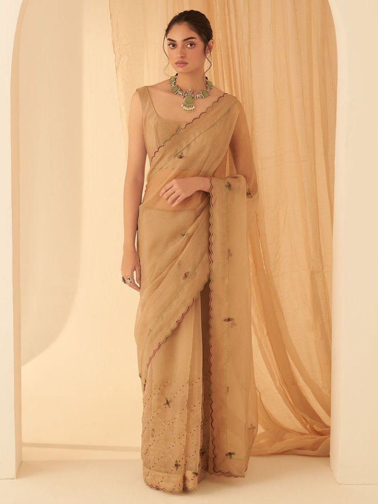 Beige Hand Embroidered Organza Saree with Underskirt