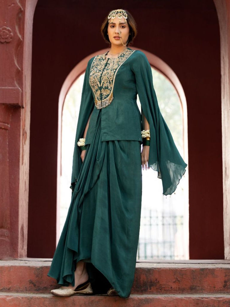 Dark Green Hand Embroidered Crepe Co-ord Set