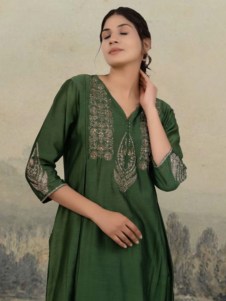 Bottle Green Hand Embroidered Chanderi Kurta with Pants
