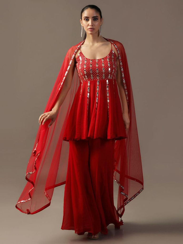 Red Hand Embriodered Georgette Gharara Set