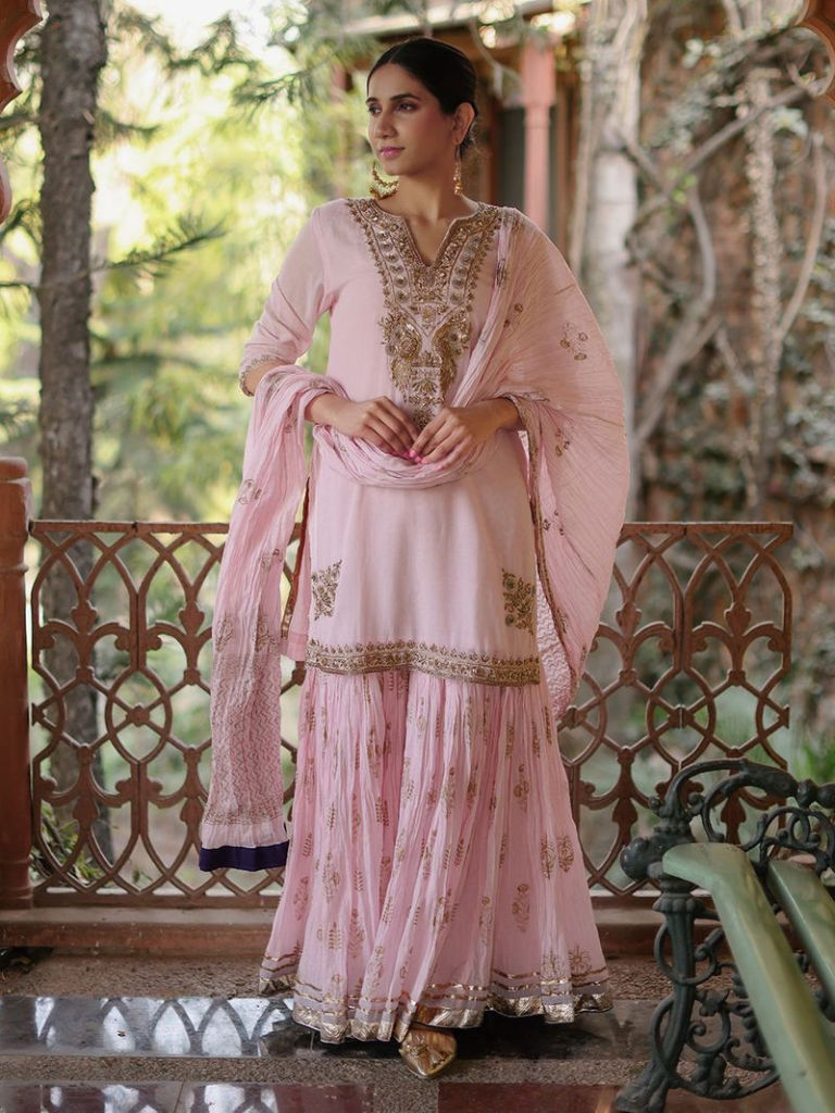 Pink Embroidered Cotton Gharara Suit