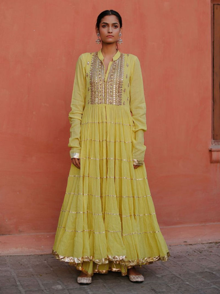 Lime Green Sequins Work Cotton Suit