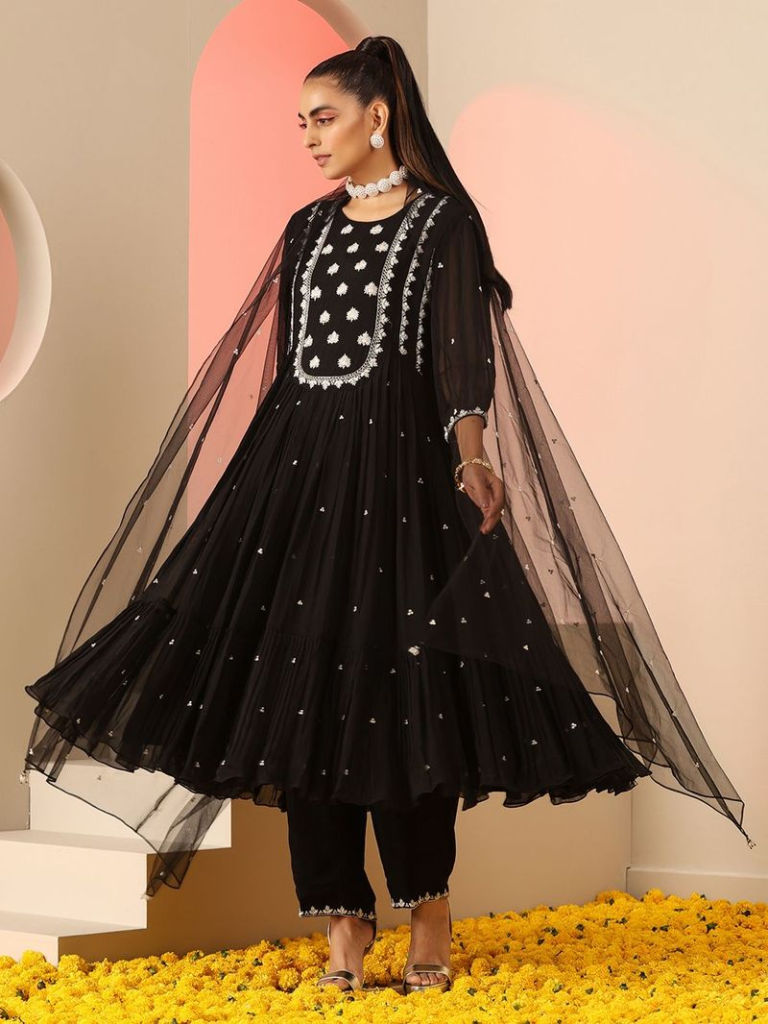 Black Embroidered Viscose Organza Suit