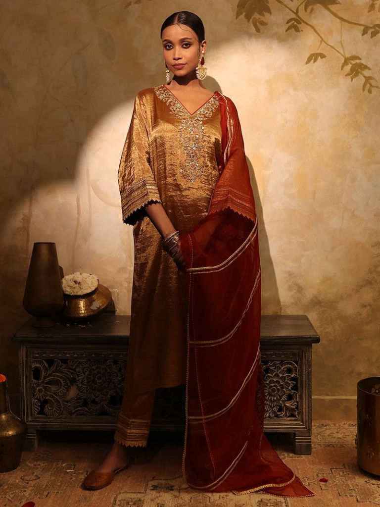 Golden Hand Embroidered Tissue Suit