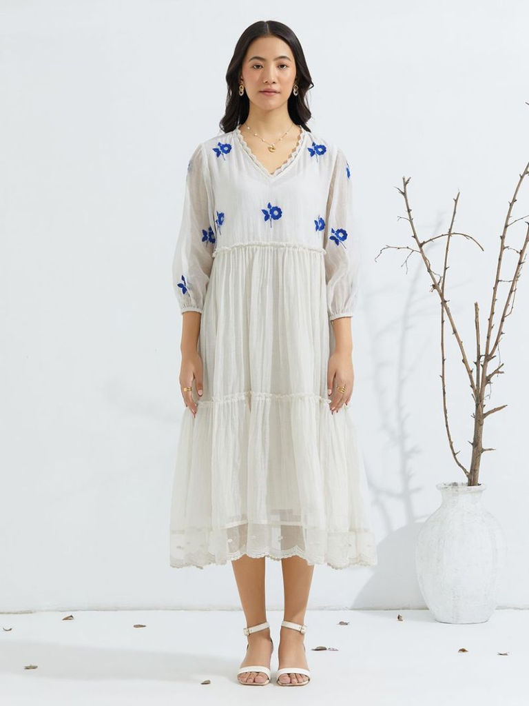 Ivory Embroidered Chanderi Dress