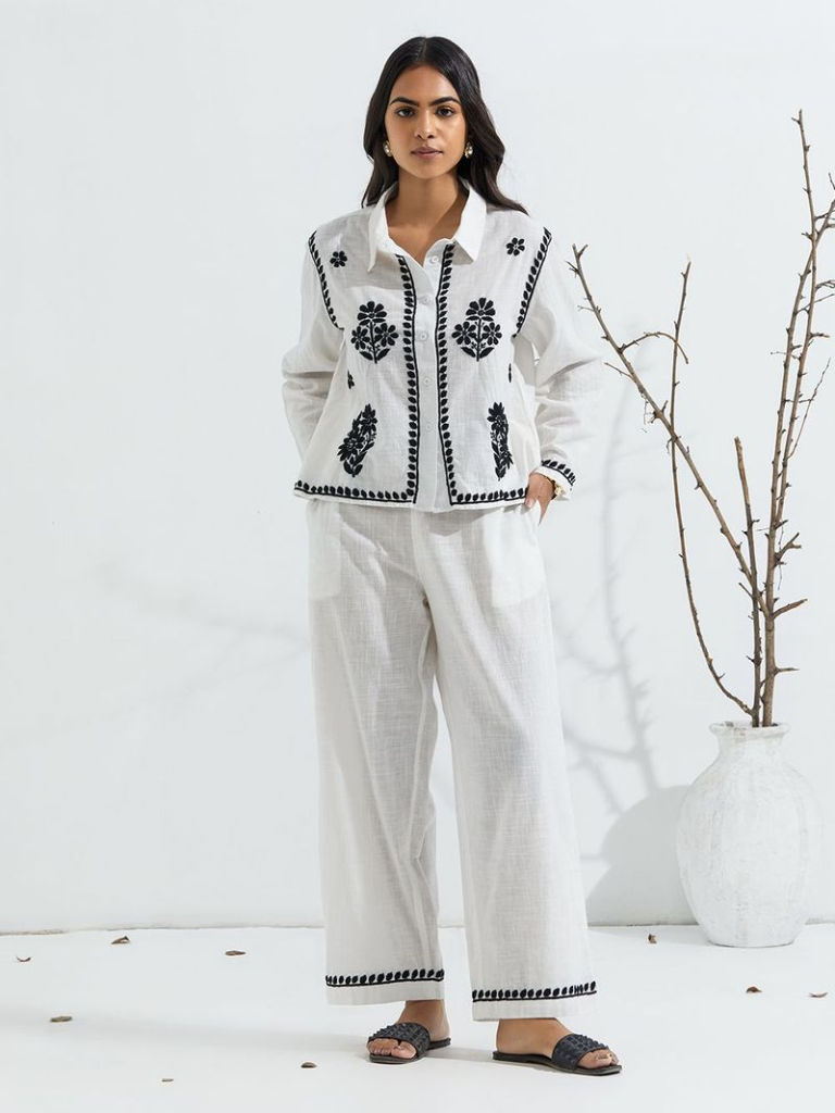 Ivory Chikankari Embroidered Cotton Slub Co-ord Set