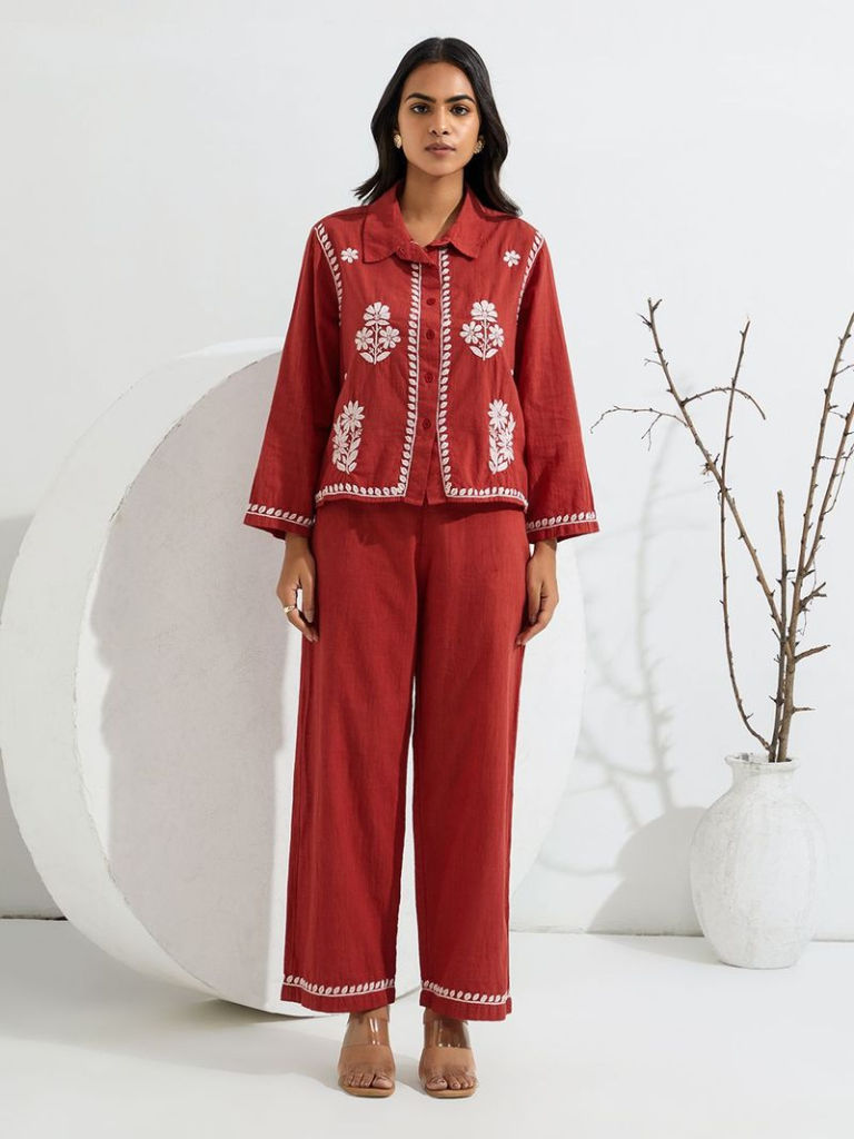 Rust Chikankari Embroidered Cotton Slub Co-ord Set