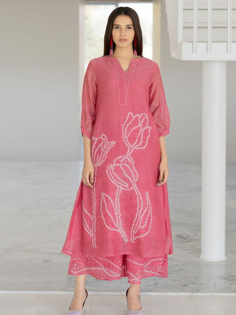 Pink Bandhani Chanderi Kurta