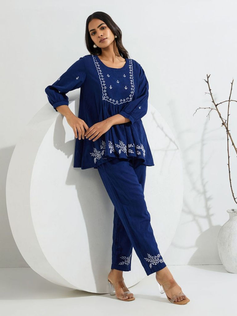 Blue Chikankari Embroidered Cotton Slub Co-ord Set