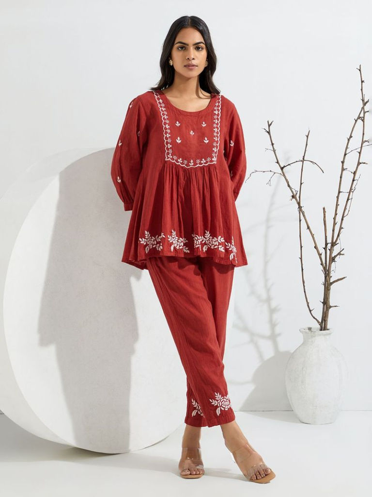 Rust Chikankari Embroidered Cotton Slub Co-ord Set