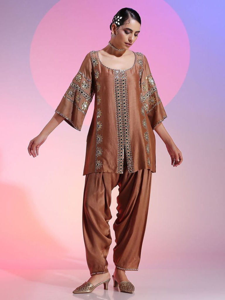 Brown Mirror Work Cotton Silk Suit