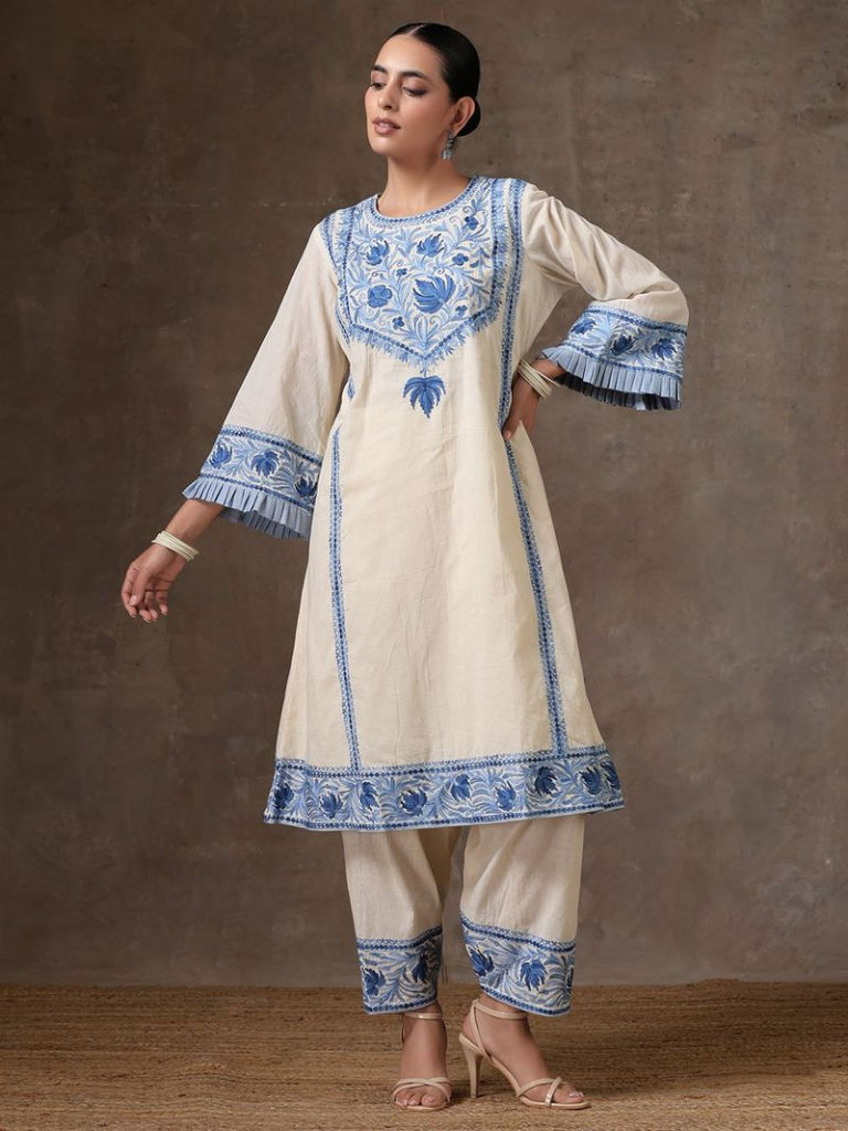 Off White Kashmiri Aari Embroidered Cotton Kurta with Pants