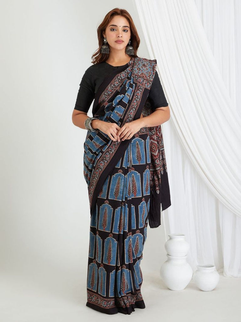 Black Blue Ajrakh Printed Cotton Saree