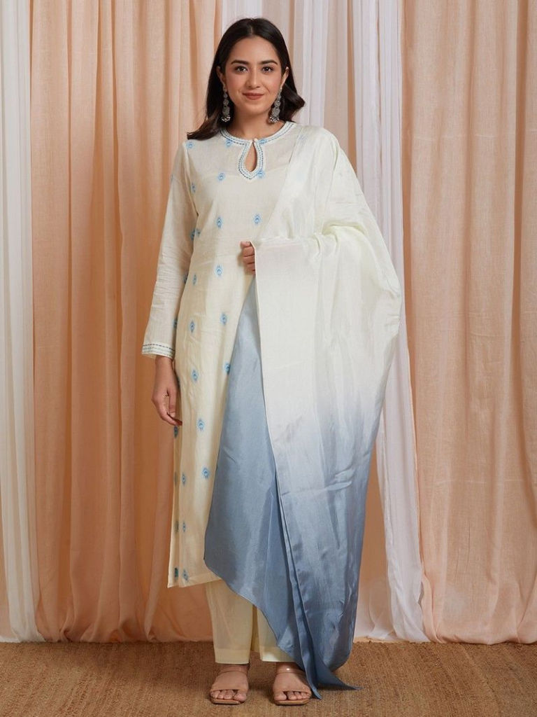 Off White Printed Cotton Hand Embroidered Kurta with Slip, Pants and Ombre Chanderi Dupatta