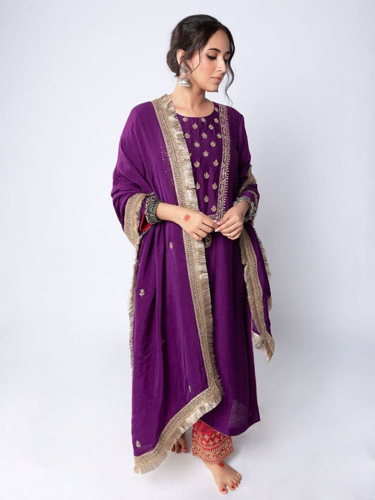 Purple Red Embroidered Chanderi Kurta with Pants