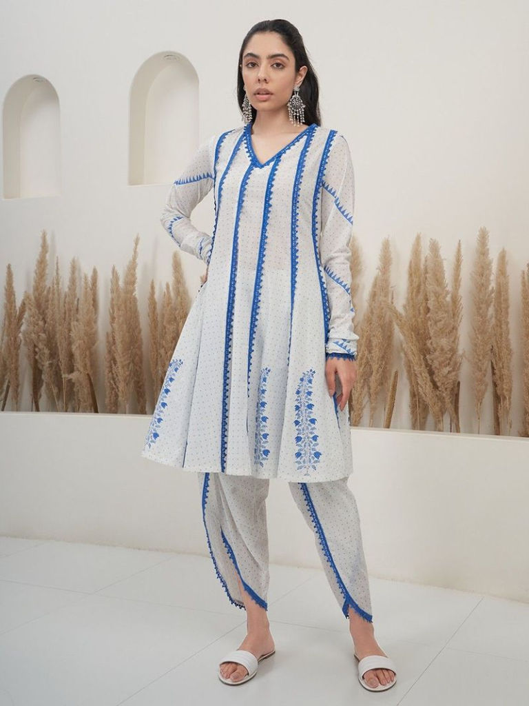 White Blue Hand Block Printed Cotton Anarkali Kurta with Dhoti Pants