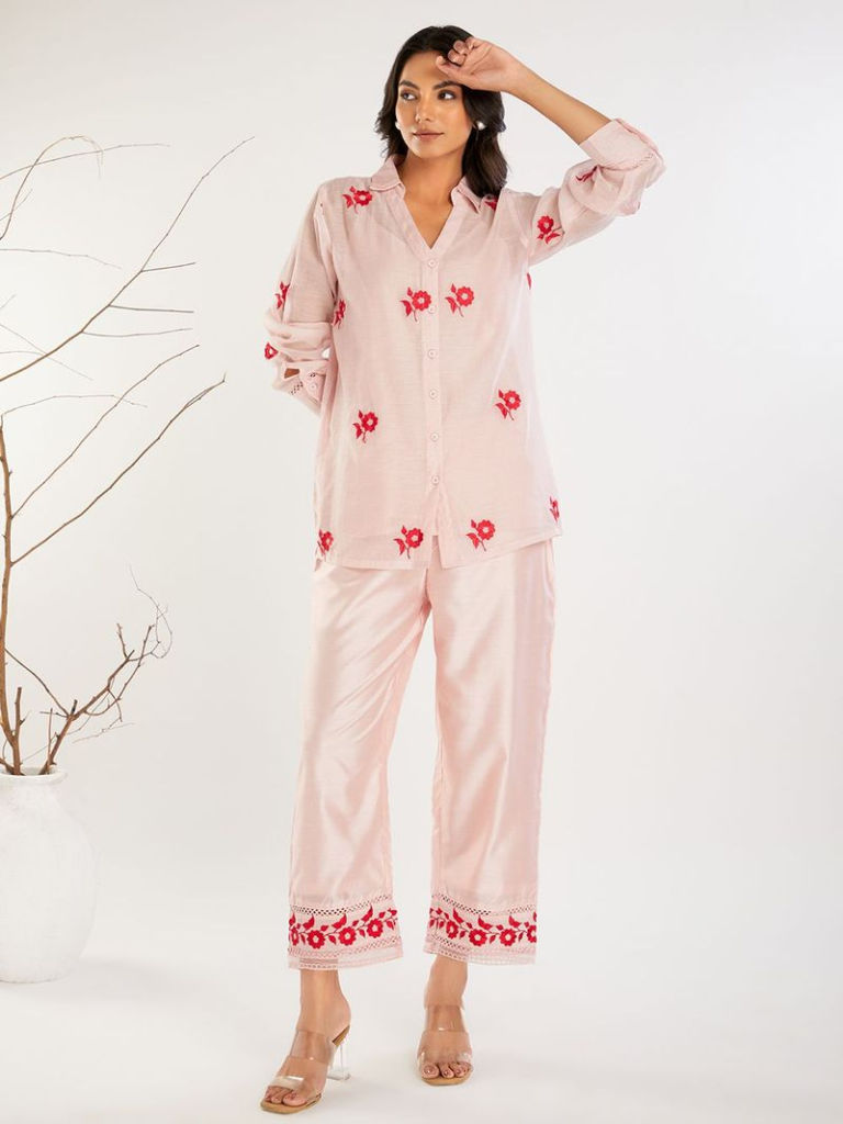 Powder Pink Embroidered Chanderi Co-ord Set