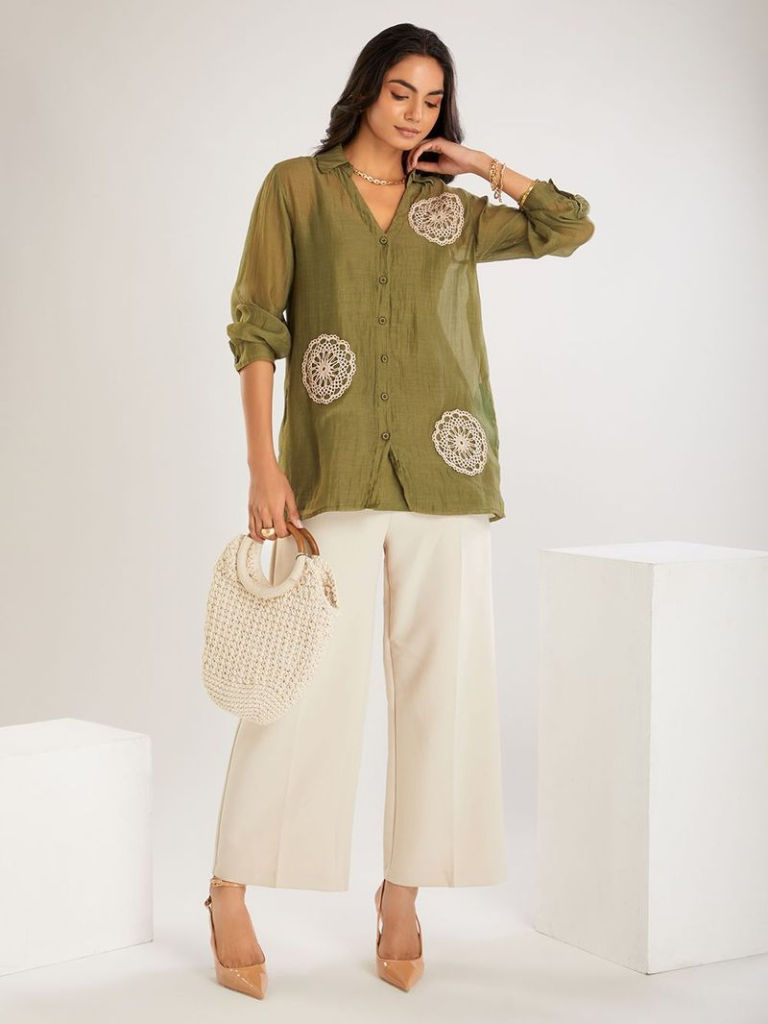 Green Embroidered Chanderi Shirt with Slip