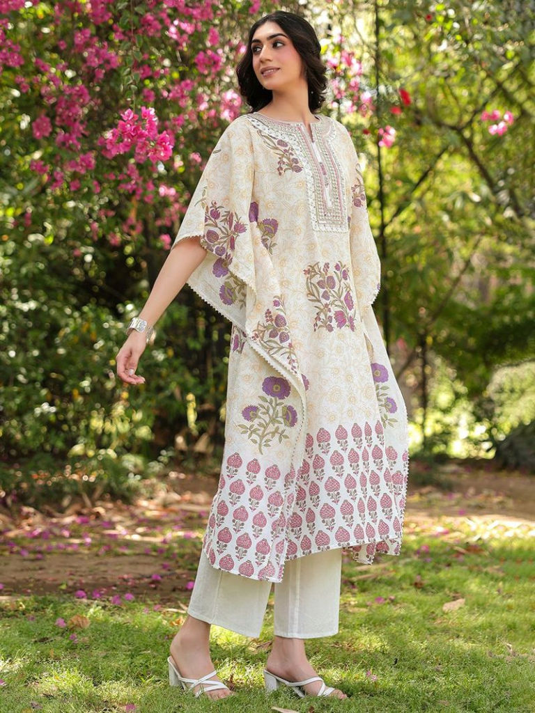 White Purple Hand Block Printed Cotton Cambric Embroidered Kaftan with Pants