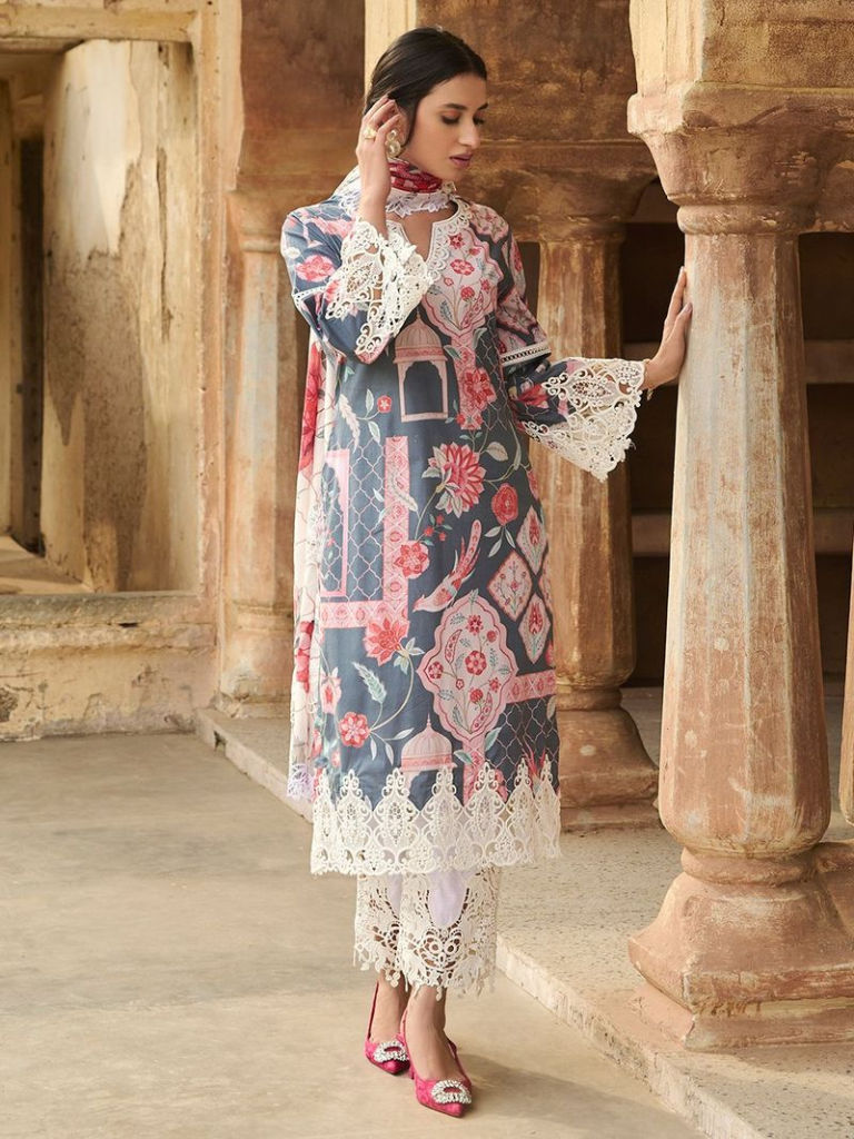 Grey Printed Cotton Suit