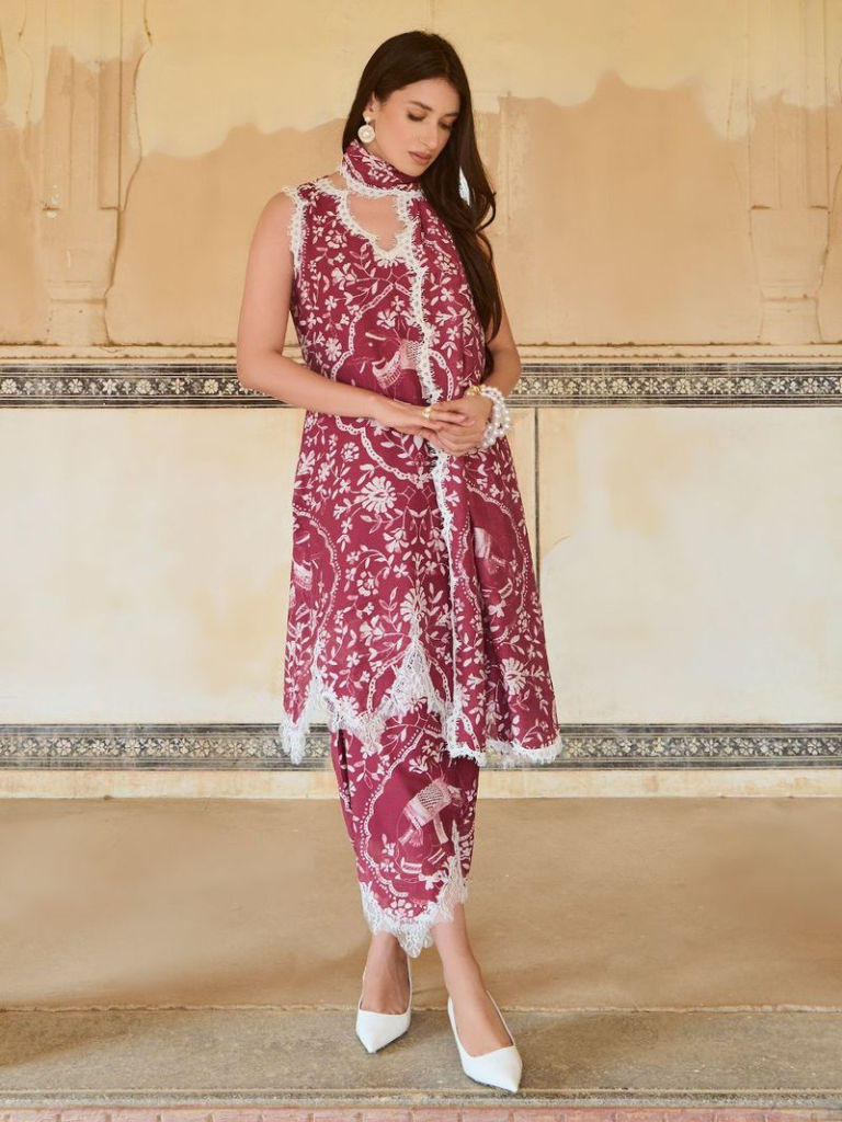 Maroon Printed Chanderi Suit