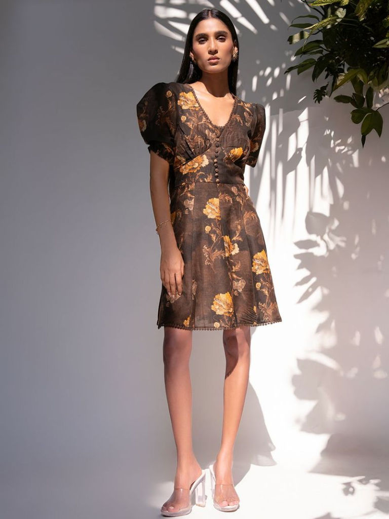 Brown Printed Cotton Linen Dress