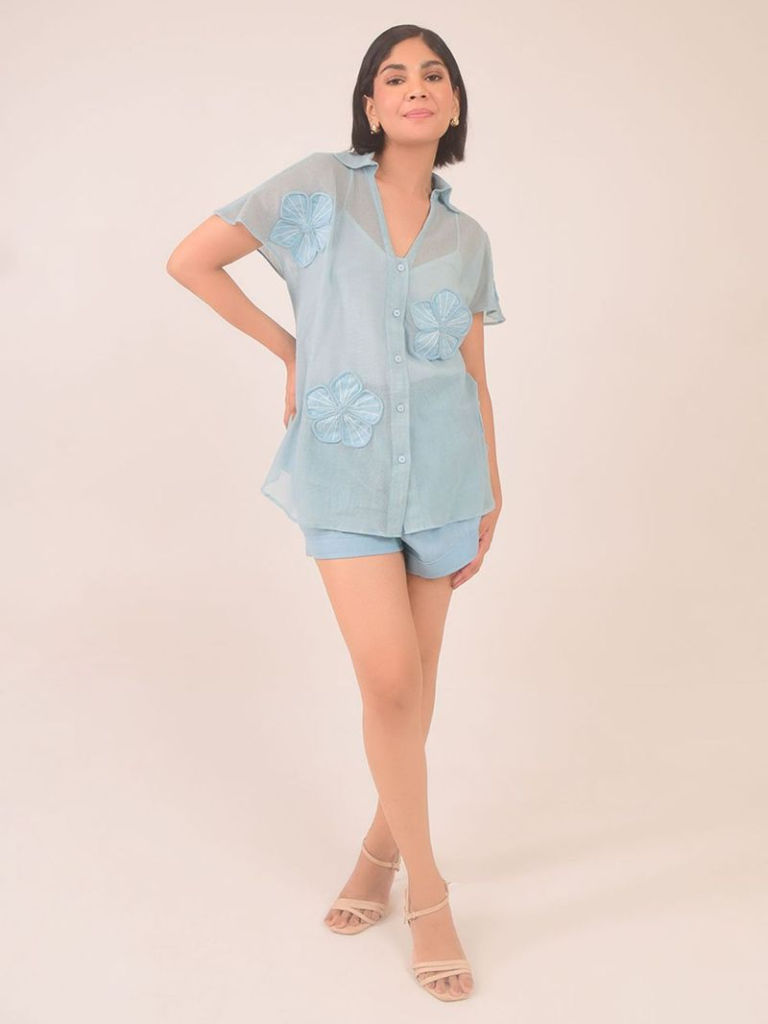 Sky Blue Applique Work Cotton Net Co-ord Set-