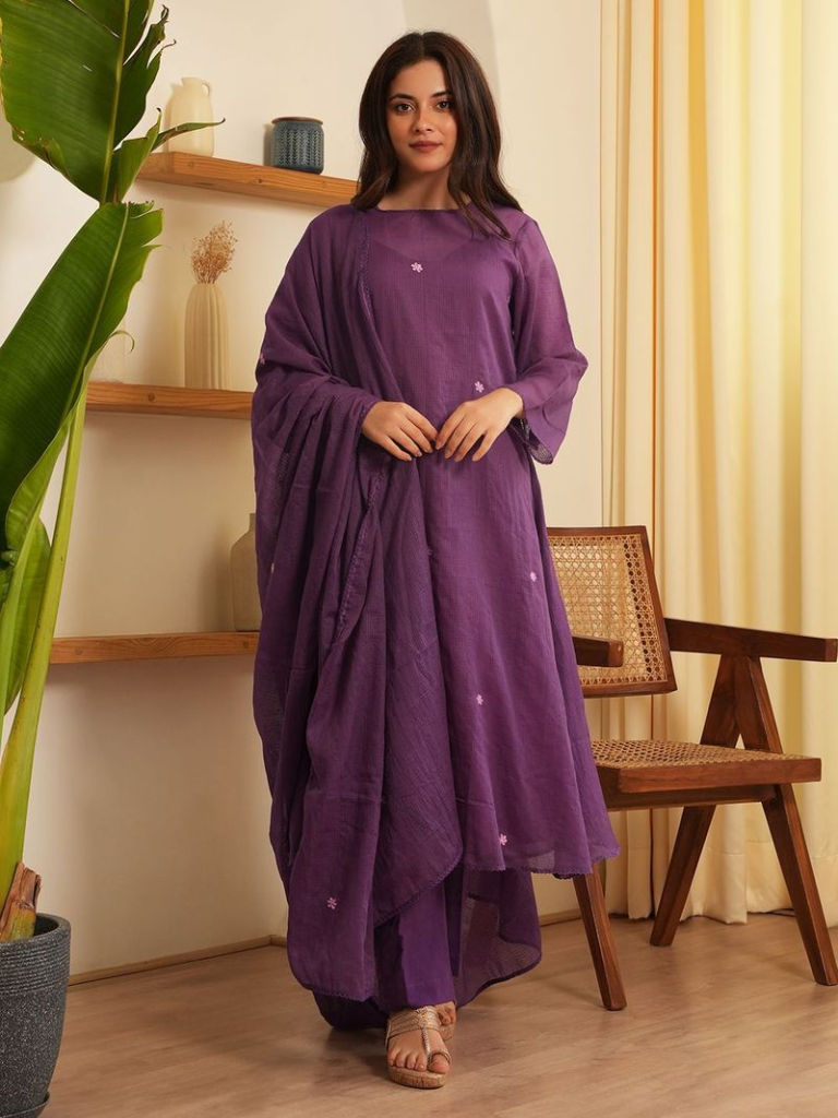 Purple Embroidered Kota Doria Suit