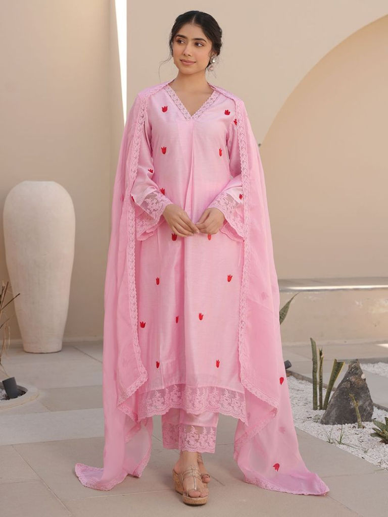 Pink Embroidered Chanderi Suit