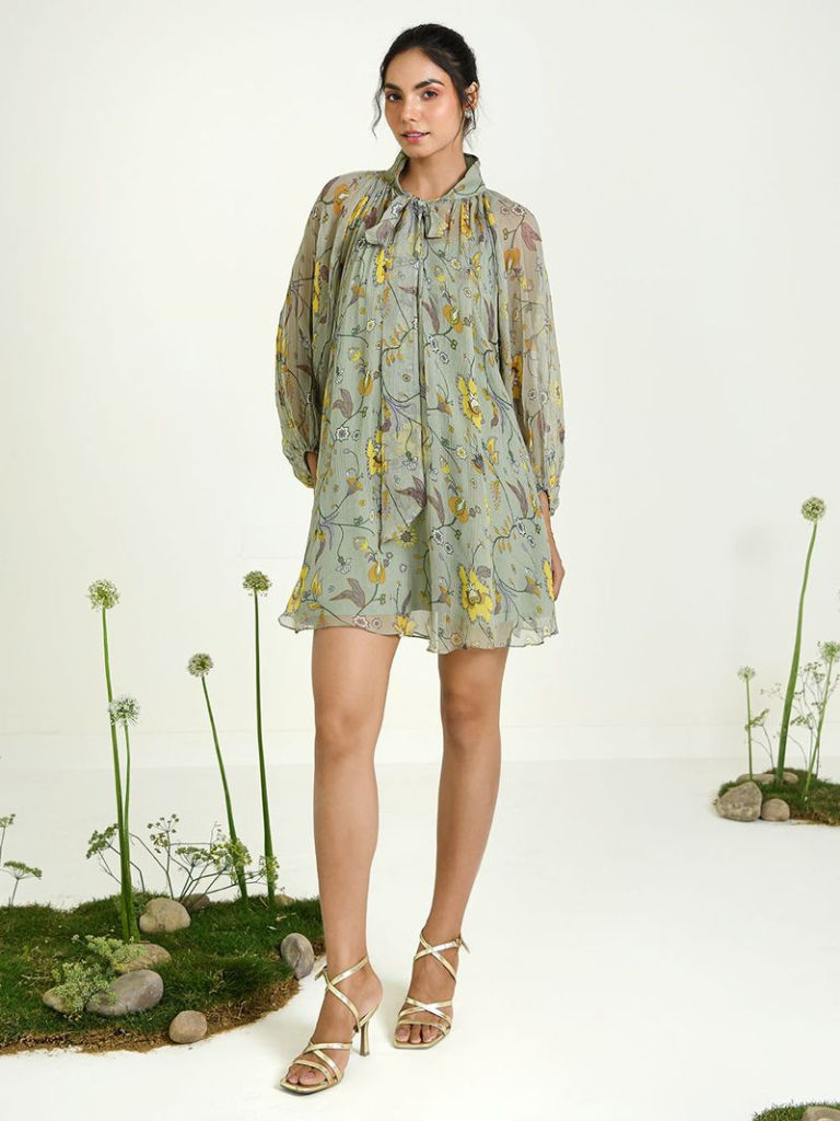 Green Printed Chiffon Dress with Slip