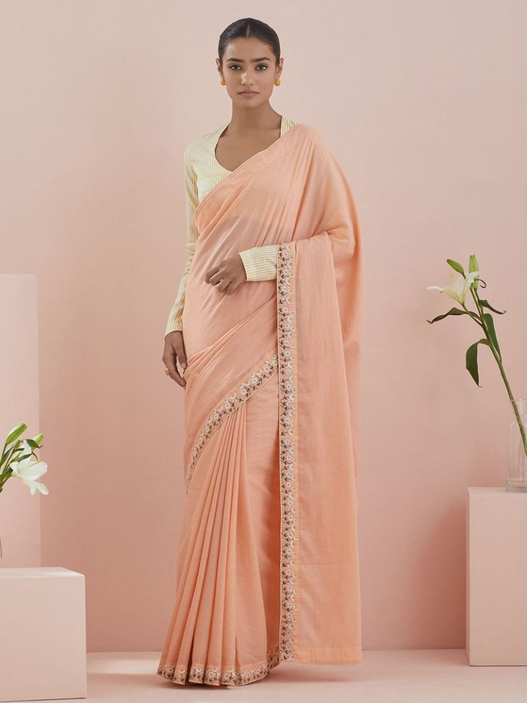 Peach Embroidered Cotton Saree with Blouse