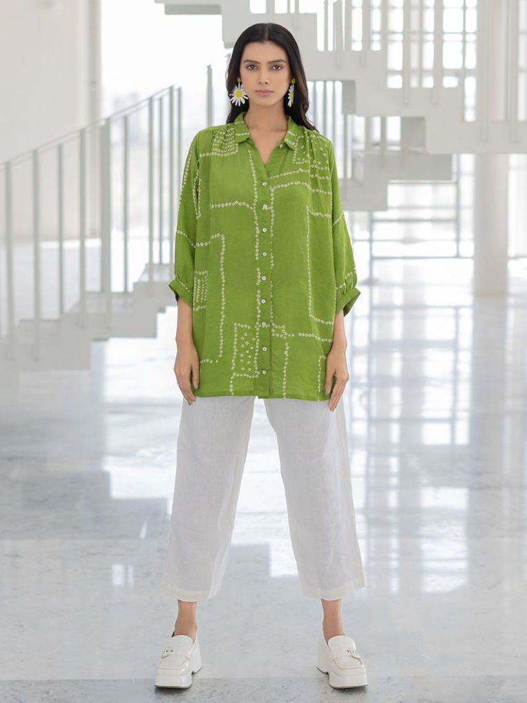 Green Bandhani Viscose Silk Shirt