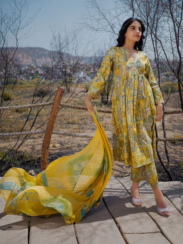 Green Printed Muslin Suit