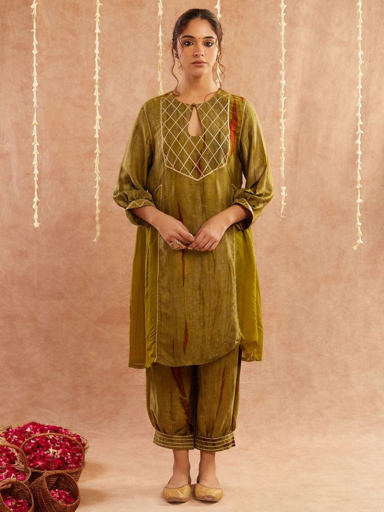 Green Gota Work Satin Silk Kurta with Pants and Potli