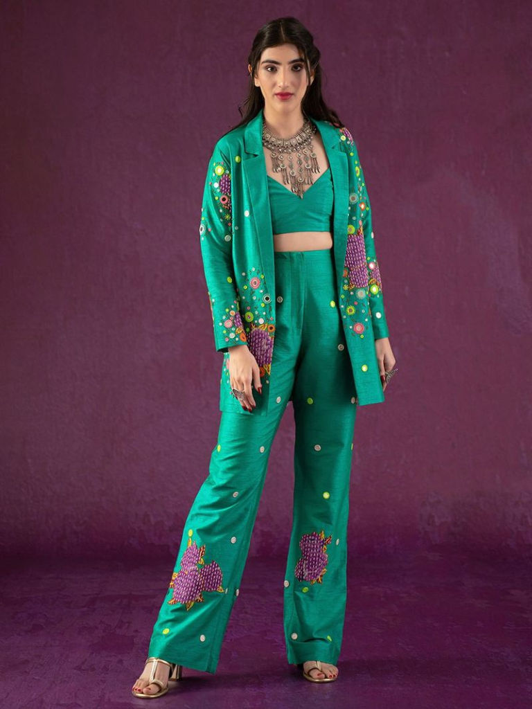 Green Hand Embroidered Dupion Silk Co-ord Set
