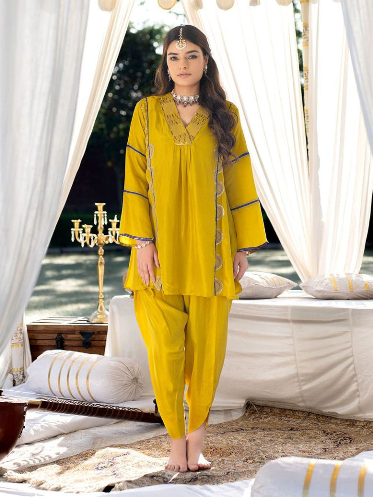 Mustard Yellow Hand Embroidered Silk Kurta with Dhoti Pants