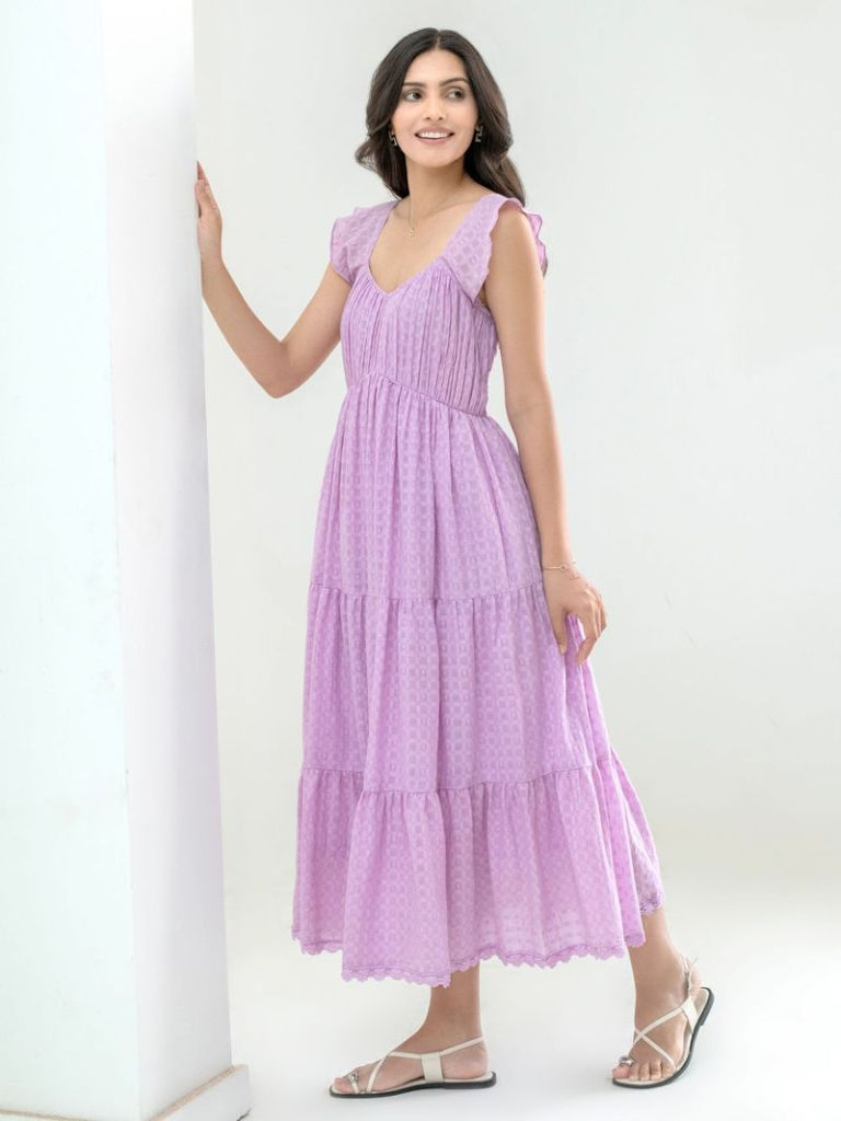 Purple Checkered Cotton Dress