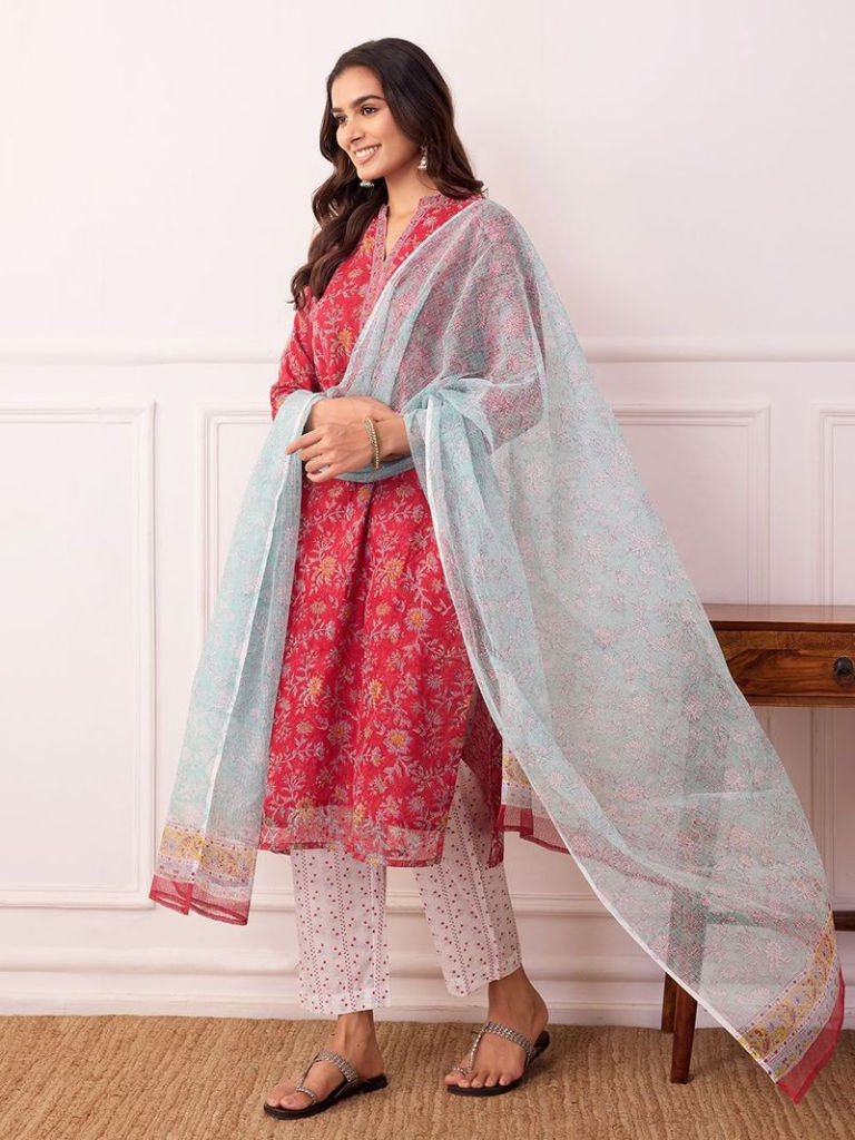 Red Hand Block Printed Kota Doria Suit