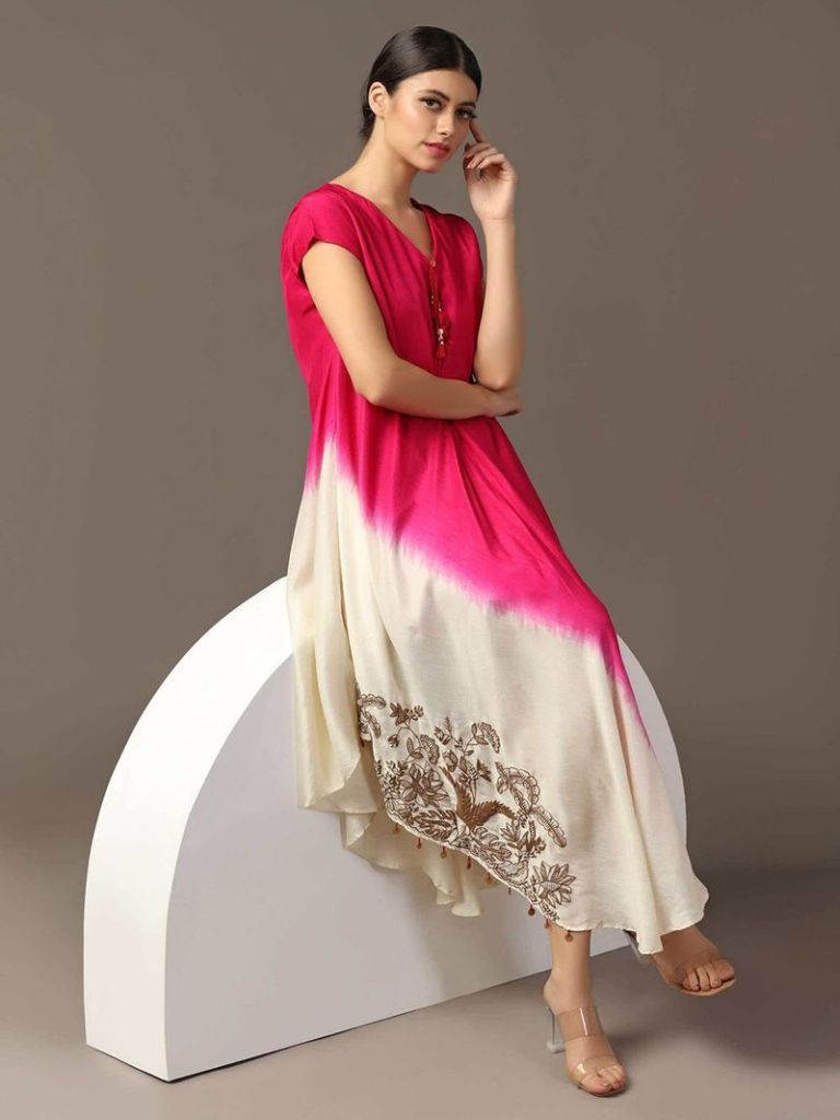 Pink Off White Hand Embroidered Georgette Dress