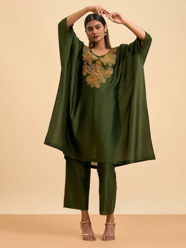Olive Green Embroidered Chanderi Silk Kaftan with Slip and Pants