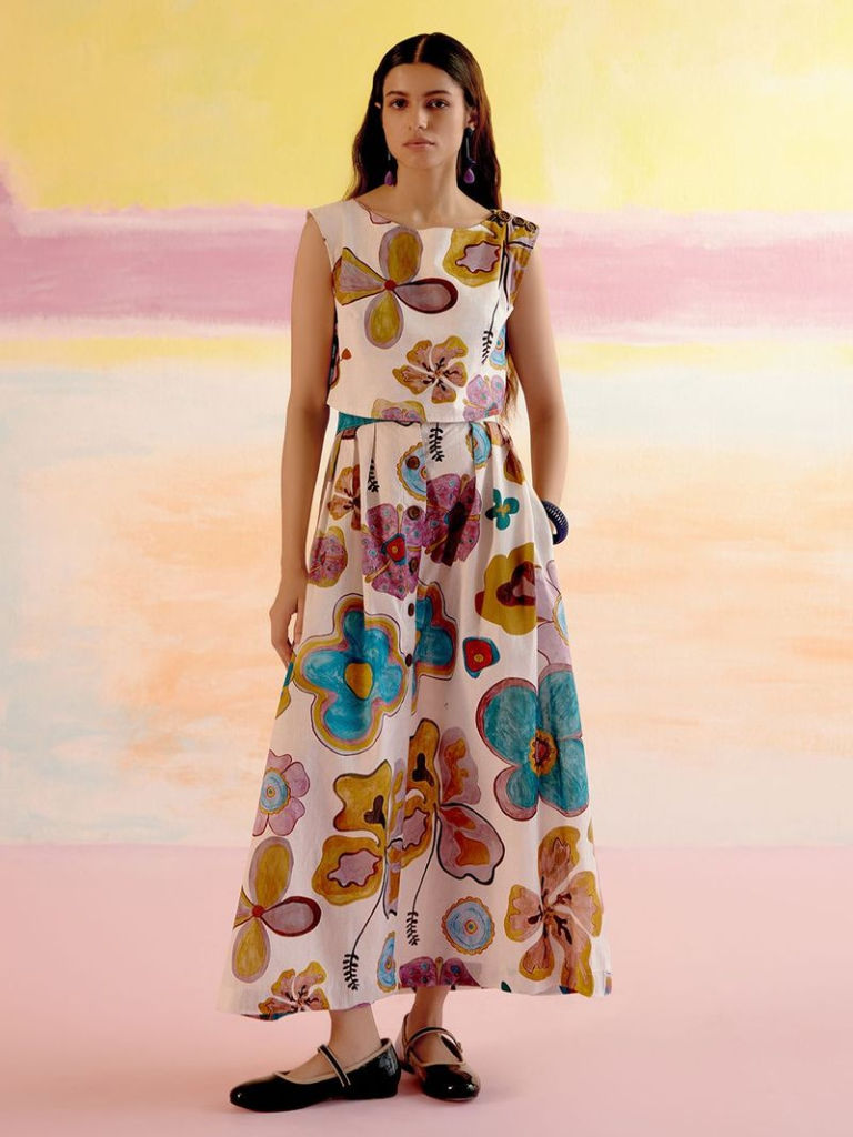Multicolor Printed Cotton Flex Top with Skirt