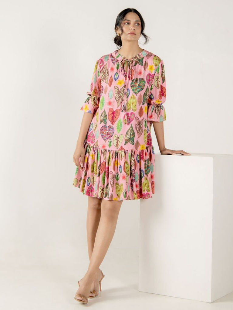 Pink Printed Modal Satin Dress