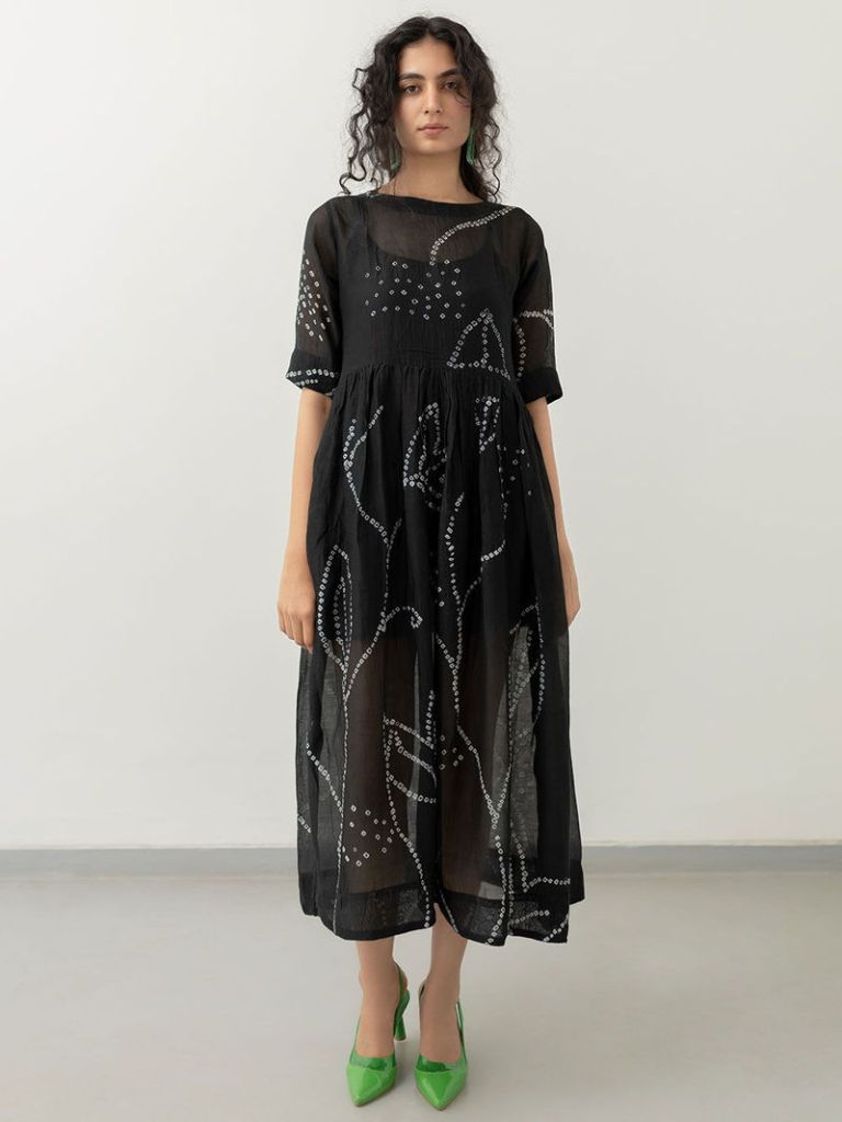 Black Bandhani Chanderi Dress with Slip
